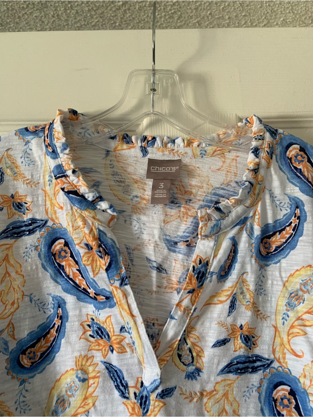 Chico's Short-Sleeve Paisley Popover Top in Blue & Yellow - Picture 3 of 4
